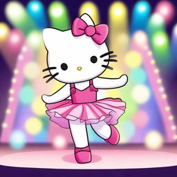 A cute Hello Kitty character dressed as a dancer, wearing a tutu and ballet shoes, performing a graceful dance move on a stage with colorful lights and a cheering audience in the background