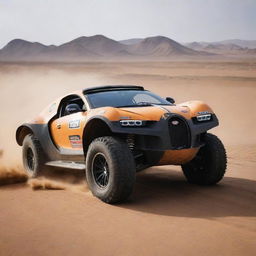 Bugatti cars redesigned into sturdy Dakar Rally vehicles, fitted with large tires, increased suspension capabilities and rugged bodywork to endure the harshest of environments.