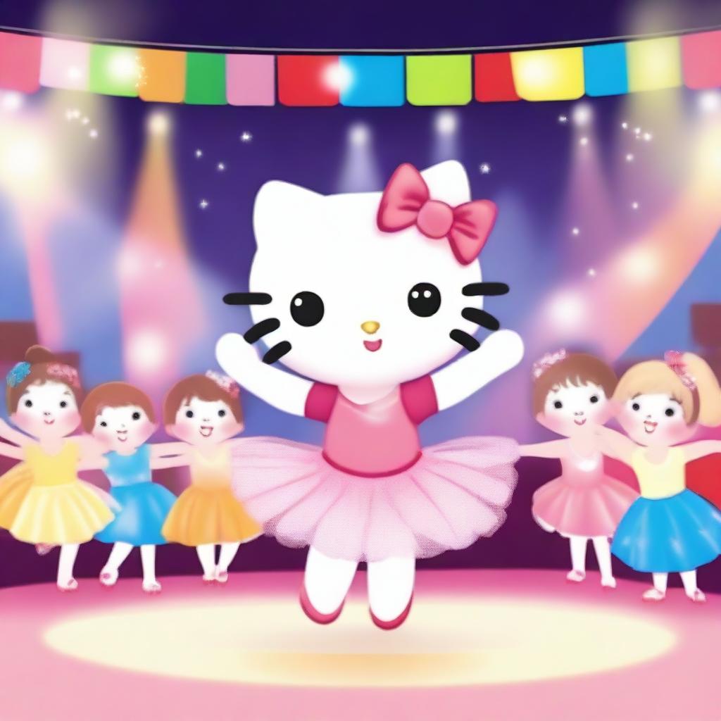 A cute Hello Kitty character dressed as a dancer, wearing a tutu and ballet shoes, performing a graceful dance move on a stage with colorful lights and a cheering audience in the background