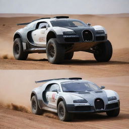 Bugatti cars redesigned into sturdy Dakar Rally vehicles, fitted with large tires, increased suspension capabilities and rugged bodywork to endure the harshest of environments.