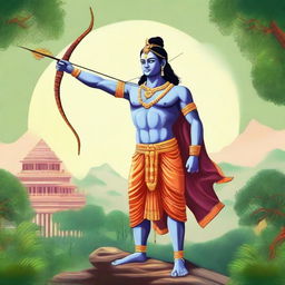 A detailed and vibrant illustration of Shree Ram, the revered deity from Hindu mythology, depicted in a traditional and divine manner with his bow and arrow, standing in a serene and majestic pose