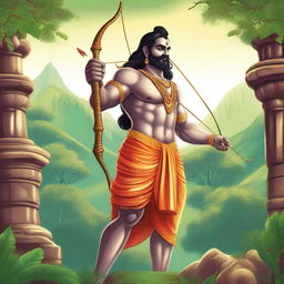 A detailed and vibrant illustration of Shree Ram, the revered deity from Hindu mythology, depicted in a traditional and divine manner with his bow and arrow, standing in a serene and majestic pose