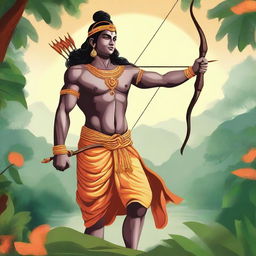 A detailed and vibrant illustration of Shree Ram, the revered deity from Hindu mythology, depicted in a traditional and divine manner with his bow and arrow, standing in a serene and majestic pose