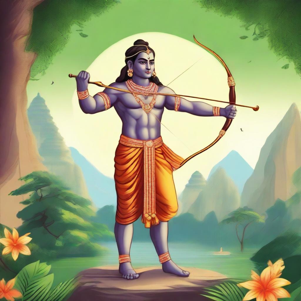 A detailed and vibrant illustration of Shree Ram, the revered deity from Hindu mythology, depicted in a traditional and divine manner with his bow and arrow, standing in a serene and majestic pose