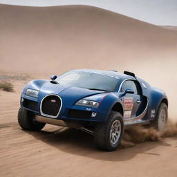 Bugatti cars redesigned into sturdy Dakar Rally vehicles, fitted with large tires, increased suspension capabilities and rugged bodywork to endure the harshest of environments.