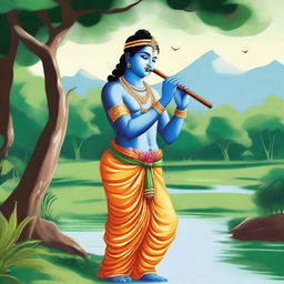 A detailed and vibrant illustration of Shree Krishna, the revered deity from Hindu mythology, depicted in a traditional and divine manner playing his flute