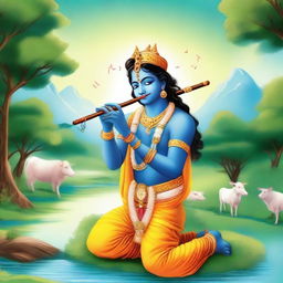 A detailed and vibrant illustration of Shree Krishna, the revered deity from Hindu mythology, depicted in a traditional and divine manner playing his flute