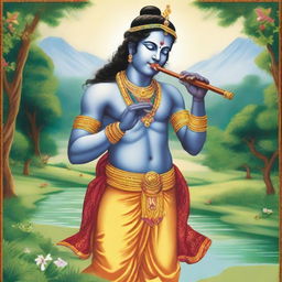 A detailed and vibrant illustration of Shree Krishna, the revered deity from Hindu mythology, depicted in a traditional and divine manner playing his flute