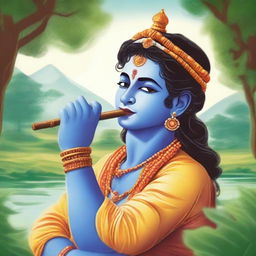 A detailed and vibrant illustration of Shree Krishna, the revered deity from Hindu mythology, depicted in a traditional and divine manner playing his flute