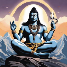 A majestic depiction of Lord Shiva, the Hindu deity, with his traditional attributes including the trident, crescent moon, and a snake around his neck