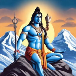 A majestic depiction of Lord Shiva, the Hindu deity, with his traditional attributes including the trident, crescent moon, and a snake around his neck