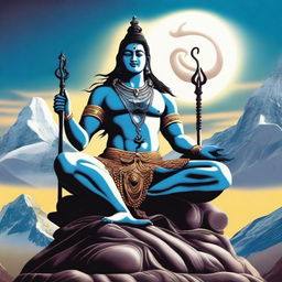 A majestic depiction of Lord Shiva, the Hindu deity, with his traditional attributes including the trident, crescent moon, and a snake around his neck