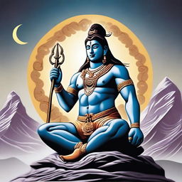 A majestic depiction of Lord Shiva, the Hindu deity, with his traditional attributes including the trident, crescent moon, and a snake around his neck