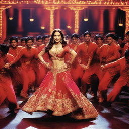 A dramatic scene featuring Madhuri Dixit being grabbed by 50 male dancers