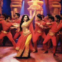 A dramatic scene featuring Madhuri Dixit being grabbed by 50 male dancers