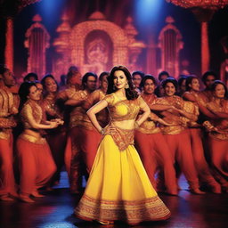 A dramatic scene featuring Madhuri Dixit being grabbed by 50 male dancers