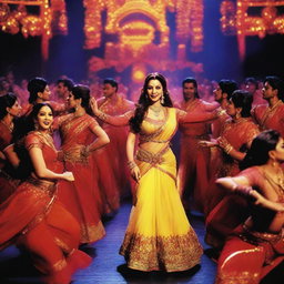 A dramatic scene featuring Madhuri Dixit being grabbed by 50 male dancers