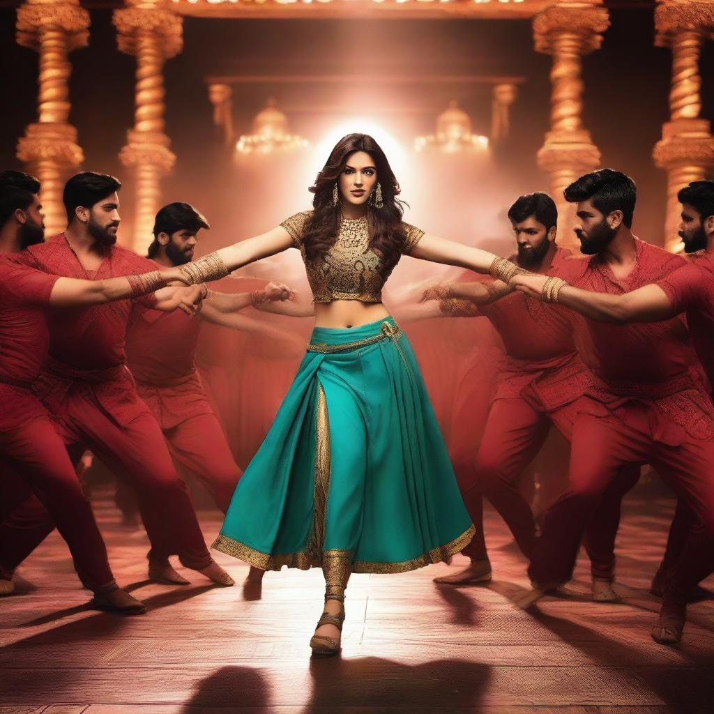 A dramatic scene featuring Kriti Sanon being grabbed by 50 male dancers