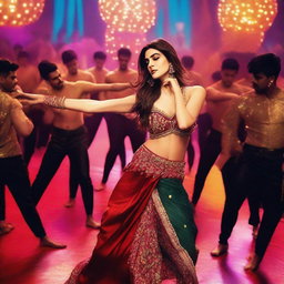 A dramatic scene featuring Kriti Sanon being grabbed by 50 male dancers