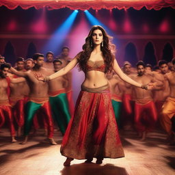 A dramatic scene featuring Kriti Sanon being grabbed by 50 male dancers