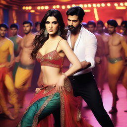 A dramatic scene featuring Kriti Sanon being grabbed by 50 male dancers