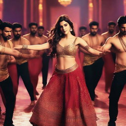 A dramatic scene featuring Kriti Sanon being grabbed by 50 male dancers