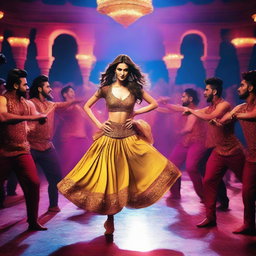 A dramatic scene featuring Kriti Sanon being grabbed by 50 male dancers