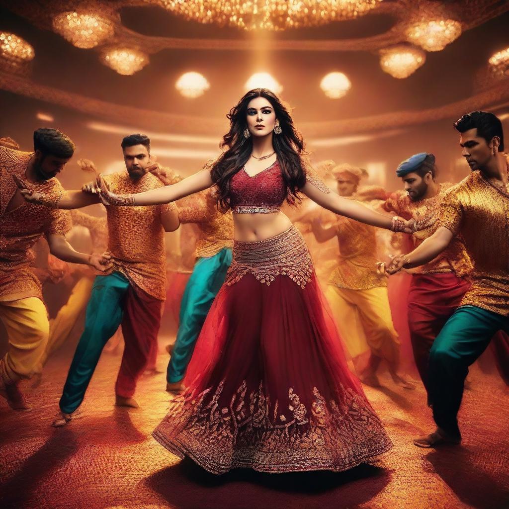 A dramatic scene featuring Kriti Sanon being grabbed by 50 male dancers
