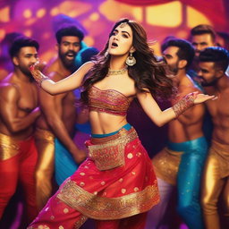 A vibrant and energetic scene featuring Kriti Sanon being kissed by 50 male dancers in an item song