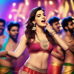 A vibrant and energetic scene featuring Kriti Sanon being kissed by 50 male dancers in an item song