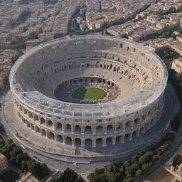 The Roman Colosseum, a global icon, seamlessly combined with a futuristic, transparent, artificial roof.