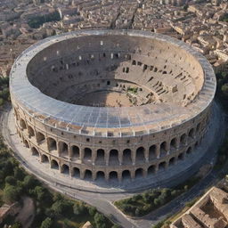 The Roman Colosseum, a global icon, seamlessly combined with a futuristic, transparent, artificial roof.