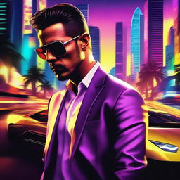 A movie poster featuring a cool dude wearing stylish sunglasses, leaning against a sleek Lamborghini