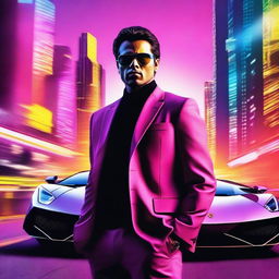 A movie poster featuring a cool dude wearing stylish sunglasses, leaning against a sleek Lamborghini