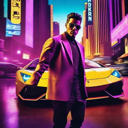 A movie poster featuring a cool dude wearing stylish sunglasses, leaning against a sleek Lamborghini