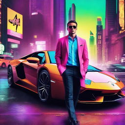 A movie poster featuring a cool dude wearing stylish sunglasses, leaning against a sleek Lamborghini