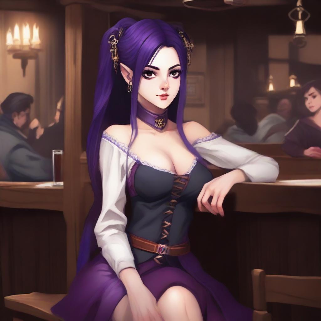 In a traditional western style, a female dark elven pugilist with crimson eyes and a dark violet ponytail hairstyle is sitting in a wooden chair in a crowded inn