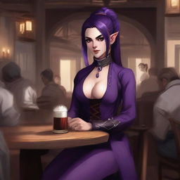 In a traditional western style, a female dark elven pugilist with crimson eyes and a dark violet ponytail hairstyle is sitting in a wooden chair in a crowded inn