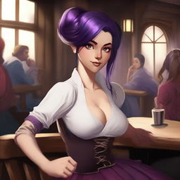 In a traditional western style, a female dark elven pugilist with crimson eyes and a dark violet ponytail hairstyle is sitting in a wooden chair in a crowded inn