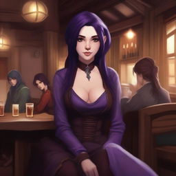 In a traditional western style, a female dark elven pugilist with crimson eyes and a dark violet ponytail hairstyle is sitting in a wooden chair in a crowded inn