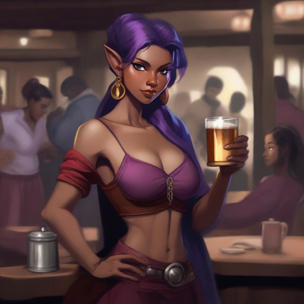 In a western art style, a dark-skinned, female elven boxer with an intimidating facial expression, red eyes, and a dark violet ponytail hairstyle stands with a tankard in her hand in a crowded inn