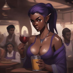 In a western art style, a dark-skinned, female elven boxer with an intimidating facial expression, red eyes, and a dark violet ponytail hairstyle stands with a tankard in her hand in a crowded inn