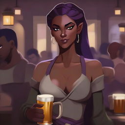 In a western art style, a dark-skinned, female elven boxer with an intimidating facial expression, red eyes, and a dark violet ponytail hairstyle stands with a tankard in her hand in a crowded inn