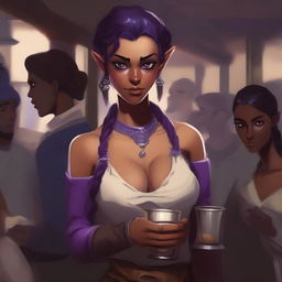 In a western art style, a dark-skinned, female elven boxer with an intimidating facial expression, red eyes, and a dark violet ponytail hairstyle stands with a tankard in her hand in a crowded inn