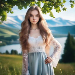 A beautiful Russian girl with a perfect body, standing in a scenic background