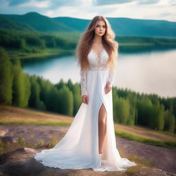 A beautiful Russian girl with a perfect body, standing in a scenic background