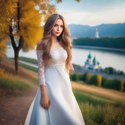 A beautiful Russian girl with a perfect body, standing in a scenic background