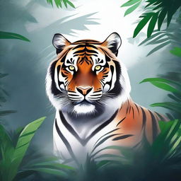 Art of a fierce tiger emerging from a misty jungle, its stripes glowing in the moonlight