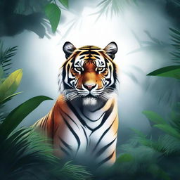 Art of a fierce tiger emerging from a misty jungle, its stripes glowing in the moonlight