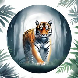 Art of a fierce tiger emerging from a misty jungle, its stripes glowing in the moonlight